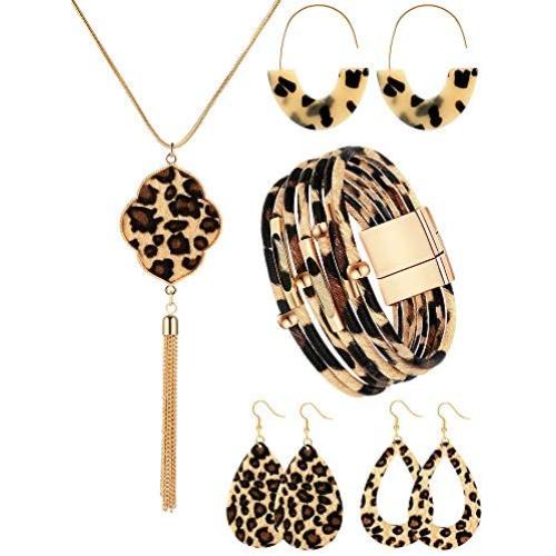 Hicarer 5 Pieces Leopard Jewelry Set Leopard Bracelet Earring Necklace for Women Girls