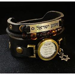 Lost Tribe Designs Deuteronomy 6:5 Bracelet - Adjustable Black Leather Cuff Bracelet with Jewish Hebrew Blessings