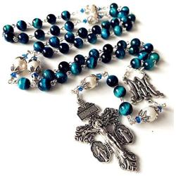 elegantmedical HANDMADE Peacock Blue Tiger Eye Prayer Beads & (AAA)10mm real Pearl sterling silver beads caps Catholic Rosary Necklace Gift Box Italy Parden Crucifix
