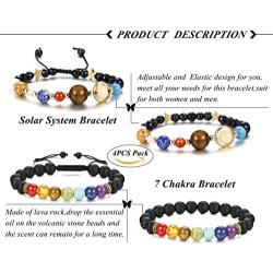 Finrezio 4 Pcs Bead Bracelets for Women Men Solar System & Chakra Stone Diffuser Bracelets Set Aromatherapy Yoga Bracelet 8MM Beaded