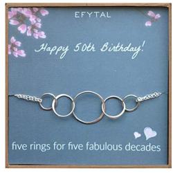 EFYTAL 50th Birthday Gifts for Women, Sterling Silver Five Circle Bracelet for Her, 5 Decade Jewelry 50 Years Old