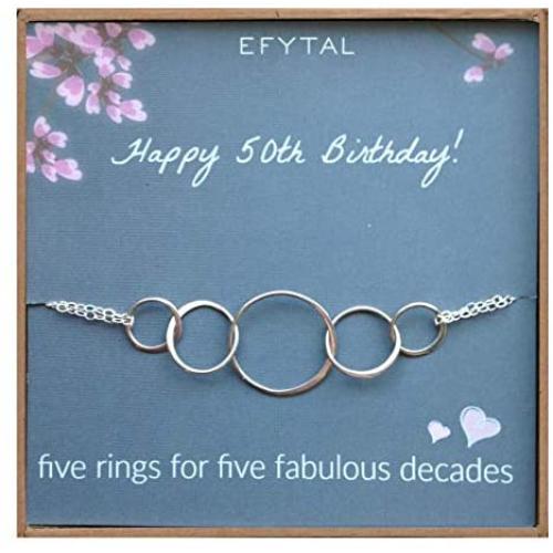 EFYTAL 50th Birthday Gifts for Women, Sterling Silver Five Circle Bracelet for Her, 5 Decade Jewelry 50 Years Old