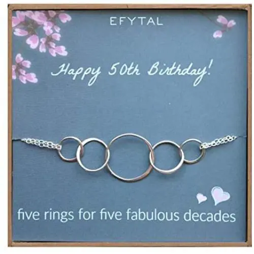 EFYTAL 50th Birthday Gifts for Women, Sterling Silver Five Circle Bracelet for Her, 5 Decade Jewelry 50 Years Old EFYTAL 50th Birthday Gifts for Women, Sterling Silver Five Circle Bracelet for Her, 5 Decade Jewelry 50 Years Old