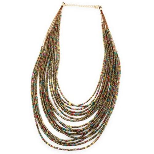 Bohemia Style 20 Layers Bib Statement Collar Glass Beaded Choker Necklace Fashion Jewelry For Women (Gold)