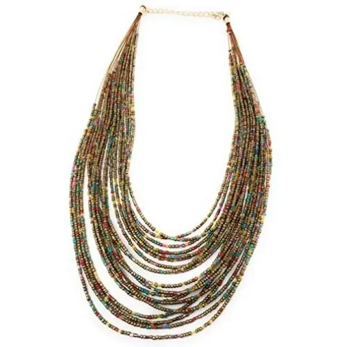 Bohemia Style 20 Layers Bib Statement Collar Glass Beaded Choker Necklace Fashion Jewelry For Women (Gold) Bohemia Style 20 Layers Bib Statement Collar Glass Beaded Choker Necklace Fashion Jewelry For Women (Gold)