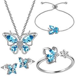 Hipunk 925 Sterling Silver Birthstone Butterfly Jewelry Women Crystal Animal Cute Butterflies Birthday Necklace/Earring/Ring/Bracelet Sets Birth Stone Statement Anniversary Jewellery