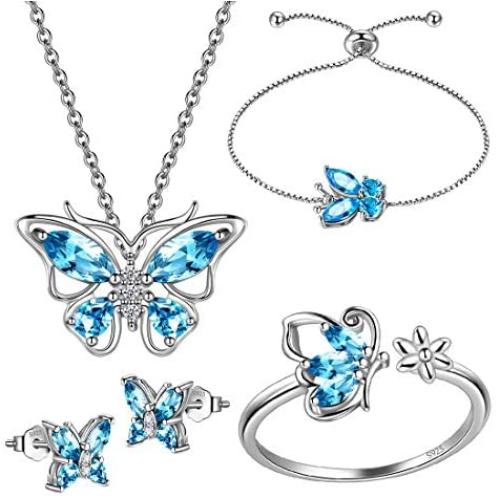 Hipunk 925 Sterling Silver Birthstone Butterfly Jewelry Women Crystal Animal Cute Butterflies Birthday Necklace/Earring/Ring/Bracelet Sets Birth Stone Statement Anniversary Jewellery