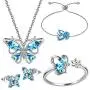 Hipunk 925 Sterling Silver Birthstone Butterfly Jewelry Women Crystal Animal Cute Butterflies Birthday Necklace/Earring/Ring/Bracelet Sets Birth Stone Statement Anniversary Jewellery