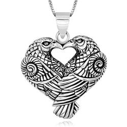 925 Sterling Silver Heart Love Couple Raven Crow Pendant Necklace 18'' for Women, Teen