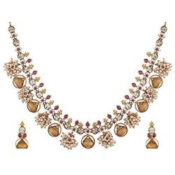 Tarinika Gandhra Antique Gold-Plated Indian Jewelry Set with Necklace and Earrings - White Red