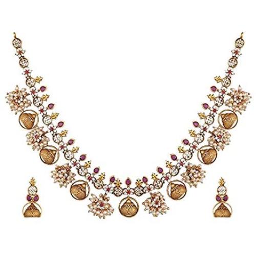 Tarinika Gandhra Antique Gold-Plated Indian Jewelry Set with Necklace and Earrings - White Red