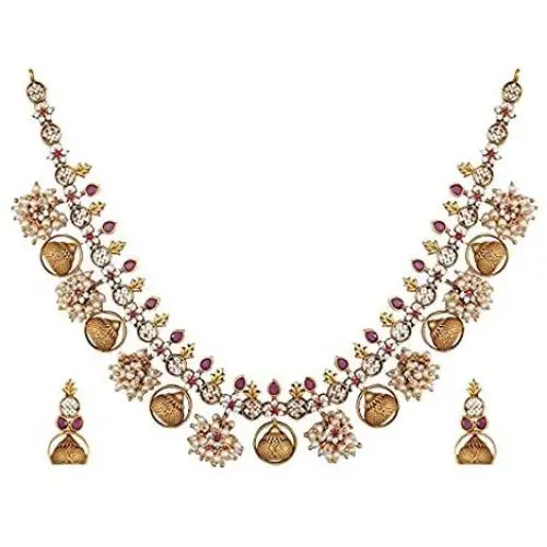 Tarinika Gandhra Antique Gold-Plated Indian Jewelry Set with Necklace and Earrings - White Red Tarinika Gandhra Antique Gold-Plated Indian Jewelry Set with Necklace and Earrings - White Red