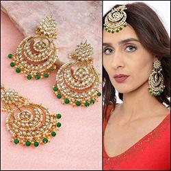 Aheli Bollywood Ethnic Chandbali Style Earrings Maang Tikka Set Traditional Fashion Jewelry for Women