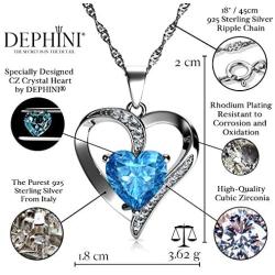 DEPHINI - Heart Necklace - 925 Sterling Silver - Aquamarine Birthstone Embellished with Branded Crystal Pendant - Fine Jewellery Woman Necklace 18'' Rhodium Plated Silver Chain - A+ Cubic Zirconia