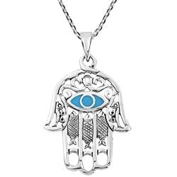 AeraVida Hamsa Hand with Evil Eye Simulated Turquoise Inlaid .925 Sterling Silver Pendant Necklace