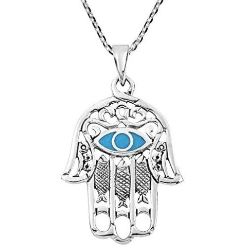 AeraVida Hamsa Hand with Evil Eye Simulated Turquoise Inlaid .925 Sterling Silver Pendant Necklace