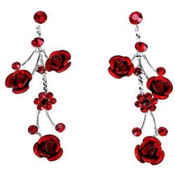 Faceted Metal Rose & Crystal Rhinestone Necklace & Earring set for Bridal, prom (Red)