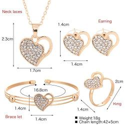 4 Pcs/Set Heart Pendant Necklace Crystal Stud Earrings Shiny Heart Bracelet Love Heart Rings Set Cubic Zirconia Love Heart Couple Jewelry Gift Set Classic Heart Jewelry Set for Women Girls