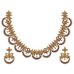 Tarinika Tusti Antique Gold-Plated Indian Jewelry Set with Necklace and Earrings - Red Green