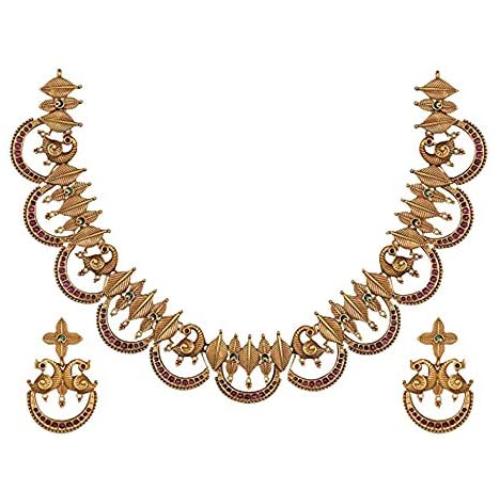 Tarinika Tusti Antique Gold-Plated Indian Jewelry Set with Necklace and Earrings - Red Green