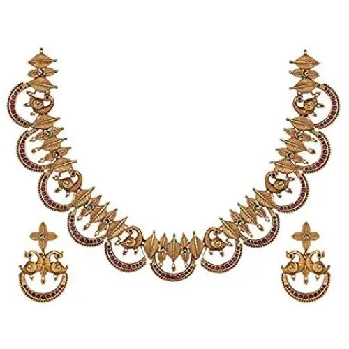 Tarinika Tusti Antique Gold-Plated Indian Jewelry Set with Necklace and Earrings - Red Green Tarinika Tusti Antique Gold-Plated Indian Jewelry Set with Necklace and Earrings - Red Green