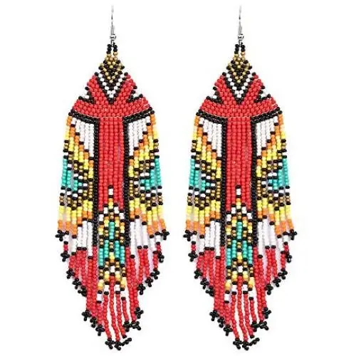 Luluping Long Beaded Dangle Earrings – Boho Native Handmade Seed Bead Tassel Earrings for Women and Girls, Bohemian Large Statement Beaded Drop Fringe Earrings