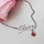 QeenseKc Name Necklace Personalized Necklace with Red Birthstone Script Initial Customized Stainless Steel Jewelry for Women Sturdy Cuban Link Chain