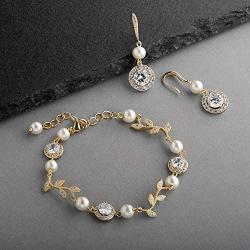 Mariell 14K Gold Vine & Ivory Pearl CZ Bridal Bracelet & Earrings Set - Wedding Jewelry for Bridesmaids