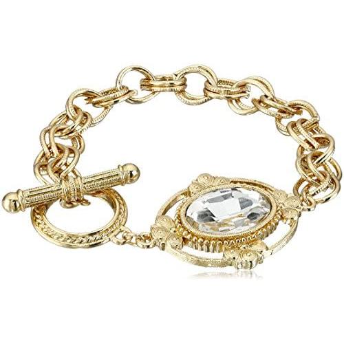 1928 Jewelry Gold-Tone Crystal Faceted Oval Stone Toggle Link Charm Bracelet, Clear Crystal