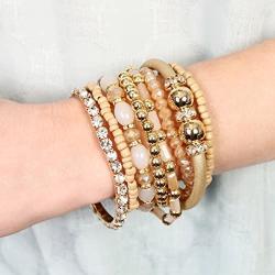 RIAH FASHION Bohemian Bead Multi Layer Versatile Statement Bracelets - Metallic Bar, Sparkly Crystal, Tassel Charm Stackable Stretch Prayer Cuff Leatherette Bangle
