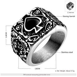 JAJAFOOK Mens Stainless Steel Ring, Poker Spade Ace, Vintage Biker Rings, Black Silver Size 6 7 8 9