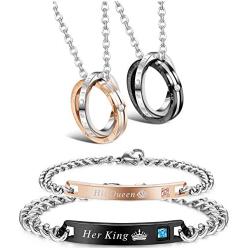 LOYALLOOK Couple Pendant Necklace Gift for Men Women His & Hers Matching Set Jewelry Stainless Steel Couples Distance Bracelets Chain Lover Gift, 4PCS