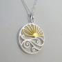 Sterling Silver Ocean Waves at Sunset Pendant Necklace, 18k Yellow Gold Plated Sun, 18'' Chain