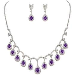 EVER FAITH CZ Birthstone Elegant Tear Drop Dangle Necklace Earrings Set Silver-Tone