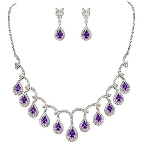 EVER FAITH CZ Birthstone Elegant Tear Drop Dangle Necklace Earrings Set Silver-Tone