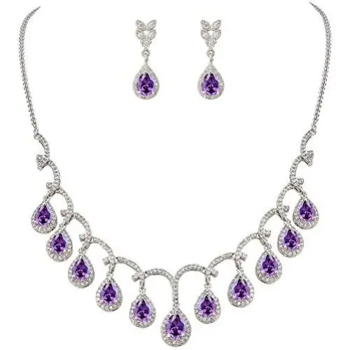 EVER FAITH CZ Birthstone Elegant Tear Drop Dangle Necklace Earrings Set Silver-Tone EVER FAITH CZ Birthstone Elegant Tear Drop Dangle Necklace Earrings Set Silver-Tone