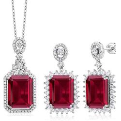 Gem Stone King Bundle of 925 Sterling Silver Red Created Ruby Pendant and Earrings Set For Women (14X10MM with 18 Inch Silver Chain)