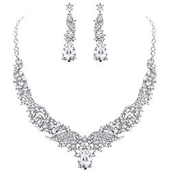 FANZE Womens Wedding Bridal Bridesmaid Cluster Leaf Vine Teardrop Austrian Crystal Statement Necklace Dangle Earrings Set