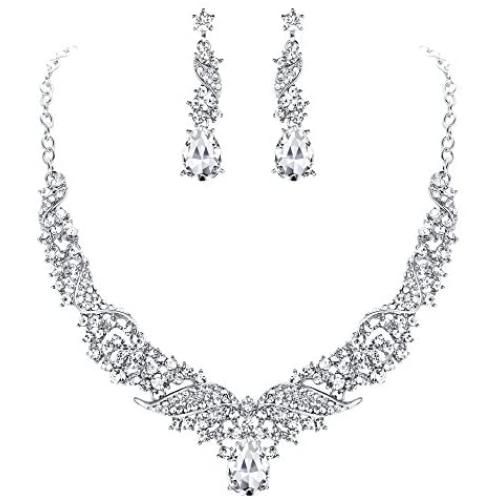 FANZE Womens Wedding Bridal Bridesmaid Cluster Leaf Vine Teardrop Austrian Crystal Statement Necklace Dangle Earrings Set