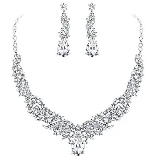 FANZE Womens Wedding Bridal Bridesmaid Cluster Leaf Vine Teardrop Austrian Crystal Statement Necklace Dangle Earrings Set