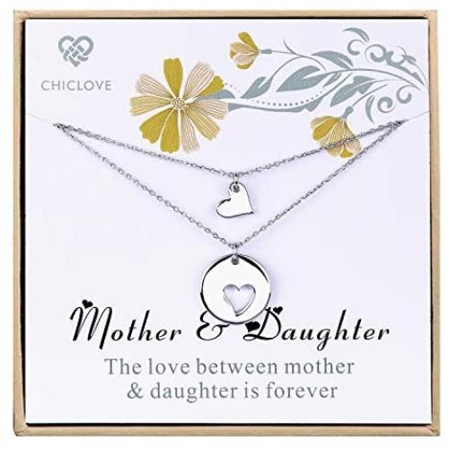 CHICLOVE Mother Daughter Jewelry Sets for Two, Cutout Heart Necklaces, 2 Sterling Silver Necklaces