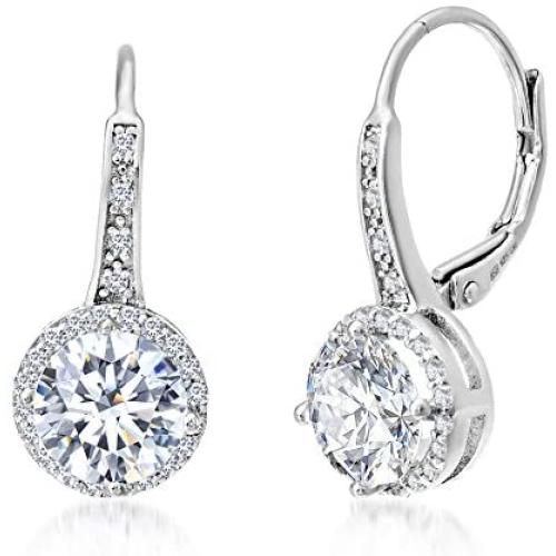 MIA SARINE Sterling Silver Cubic Zirconia Halo Leverback Dangle Bridal Earrings for Women