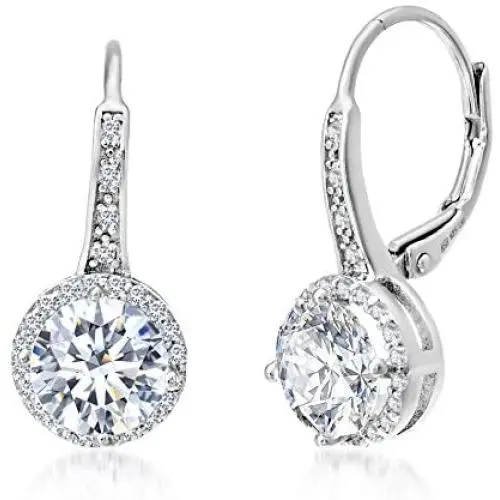 MIA SARINE Sterling Silver Cubic Zirconia Halo Leverback Dangle Bridal Earrings for Women