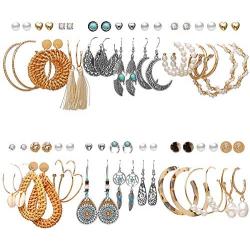 36 Pairs Boho Fashion Drop Dangle Earrings Jewelry Vintage Silver Moon Rattan Leopard Acrylic Hoop Turquoise Earrings Hypoallergenic Best Gift for Women Girls