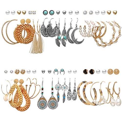 36 Pairs Boho Fashion Drop Dangle Earrings Jewelry Vintage Silver Moon Rattan Leopard Acrylic Hoop Turquoise Earrings Hypoallergenic Best Gift for Women Girls