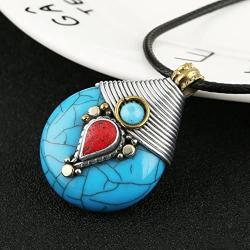 HZMAN Vintage Handmade Tibetan Turquoise Pendant Necklace from Nepal,Yoga Jewelry