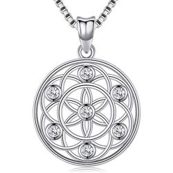Sterling Sliver Necklace For Women,Flower of Life Pendant,Seed of Life Necklace,Sacred Geometry Round Circle Charm Pendant with Zircon,Yoga Jewelry Necklace Chain 18 inches with Jewelry Gift Box