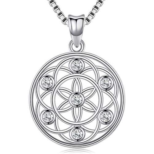 Sterling Sliver Necklace For Women,Flower of Life Pendant,Seed of Life Necklace,Sacred Geometry Round Circle Charm Pendant with Zircon,Yoga Jewelry Necklace Chain 18 inches with Jewelry Gift Box