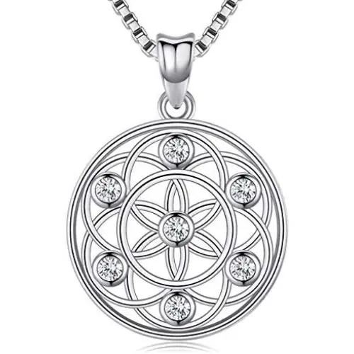 Sterling Sliver Necklace For Women,Flower of Life Pendant,Seed of Life Necklace,Sacred Geometry Round Circle Charm Pendant with Zircon,Yoga Jewelry Necklace Chain 18 inches with Jewelry Gift Box Sterling Sliver Necklace For Women,Flower of Life Pendant,Seed of Life Necklace,Sacred Geometry Round Circle Charm Pendant with Zircon,Yoga Jewelry Necklace Chain 18 inches with Jewelry Gift Box