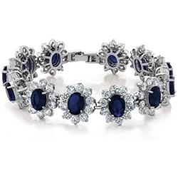 Gem Stone King 27.00 Carat Oval and Round Royal Blue Simulated Sapphire CZ Tennis Bracelet 7 Inch with Security Clasp
